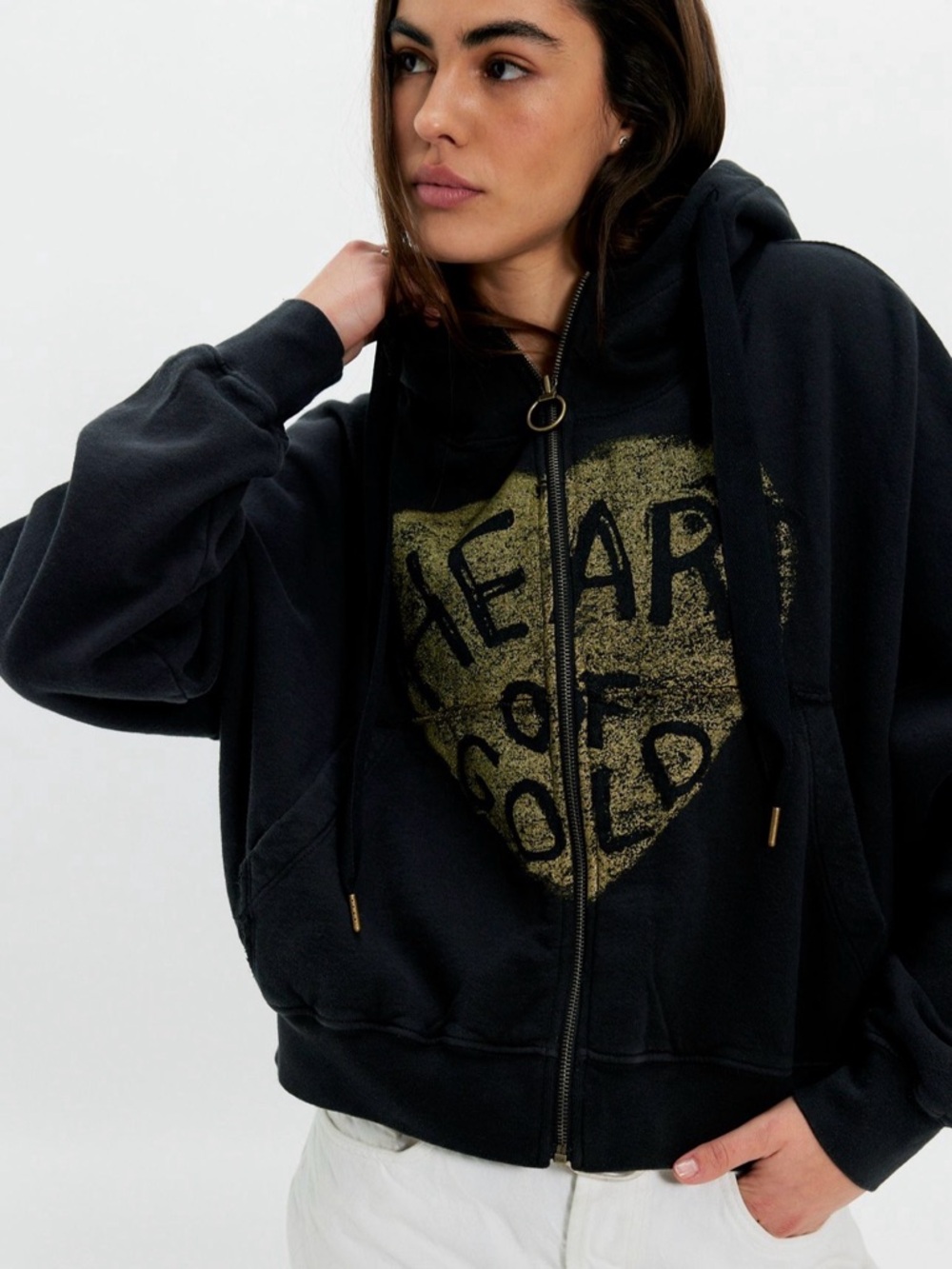 Free People Ragbond Heart Of Gold Zip Hoodie Ribbed Pockets Black